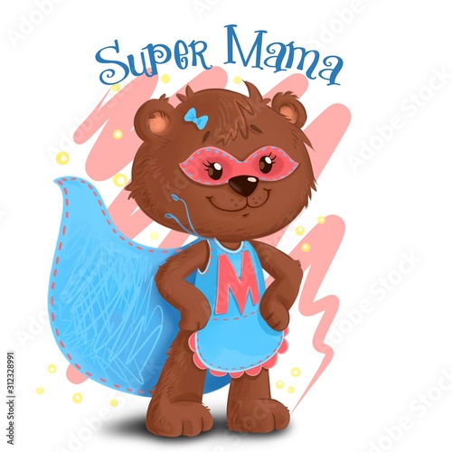 Bear mother Supemom superhero in a blue dress. (ID: 312328991)
