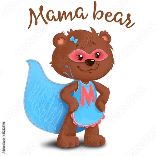Bear mother Supemom superhero in a blue dress. (ID: 312329106)