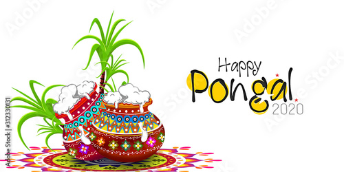 illustration of Happy Pongal Holiday with traditional pot and sugarcane on rangoli for religious festival Happy Pongal celebration. photo