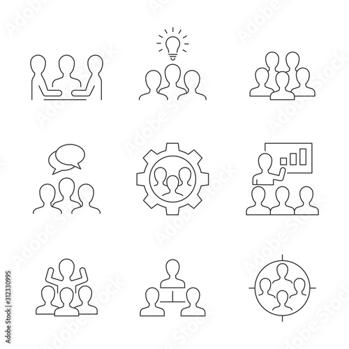 Team work line icons on white background. Team cooperation, work, target, success, meeting and more. Editable Stroke
