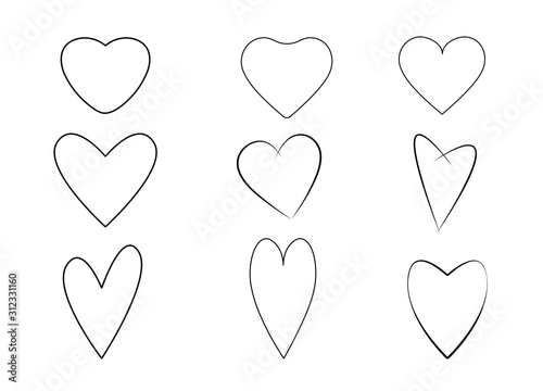 Hand drawn vector heart set with different tools like brushes, chalk, ink.