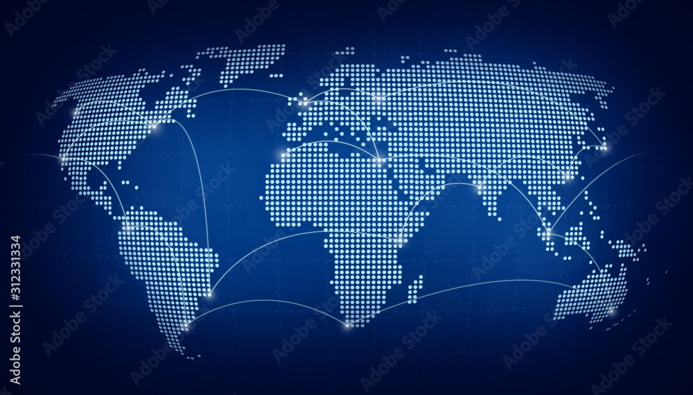 Dotted world map with curving lines or flight paths connecting highlighted cities. Blurred dark blue background. High resolution concept photo of global communications, traveling and globalisation. Dotted world map with curving lines or flight paths connecting highlighted cities. Blurred dark blue background. High resolution concept photo of global communications, traveling and globalisation.
