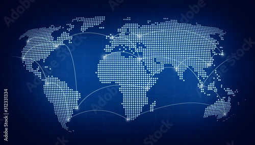 Dotted world map with curving lines or flight paths connecting highlighted cities. Blurred dark blue background. High resolution concept photo of global communications, traveling and globalisation.