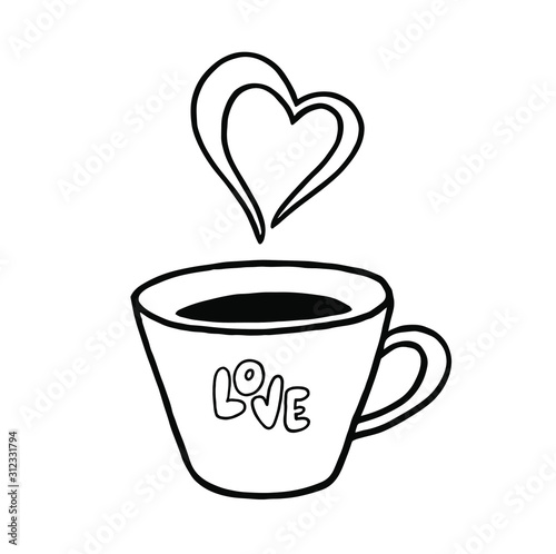 Cup of coffee with a love scribble. Hand drawing doodle. Circuit. Vector stock illustration.