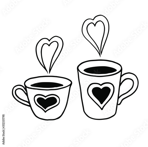 Two cups of coffee in love. Hand drawing doodle. Outline. Vector illustration stock.