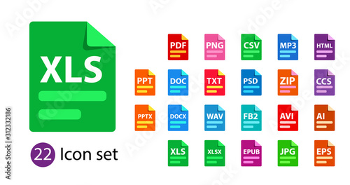 Collection of vector icons. File format extensions icons. PDF, DOC, JPG, PSD, MP3, TXT DOC DOCx ZIP PPT XLS