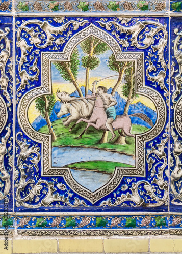 Hunting with sword, antique hand painted tile, Moghadam historic house museum, Tehran, Iran