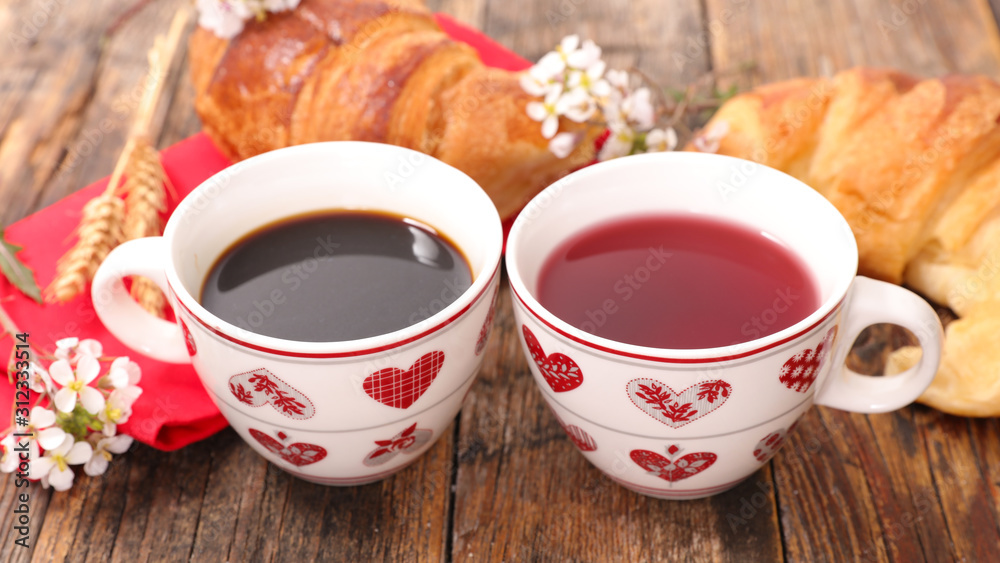 coffee cup and tea cup with croissant- february 14th coffee cup and tea cup with croissant- february 14th