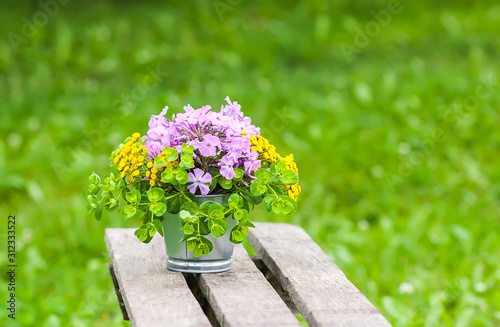 Beautiful bouquet of wildflowers on wooden bench on summer nature background in countryside