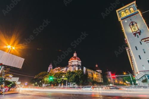 Cityscape of downtown in Yangon at night with traffic light 