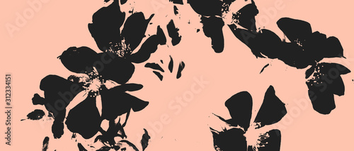 Retro vintage illustration in asian style black flowers on pink background floral natural pattern