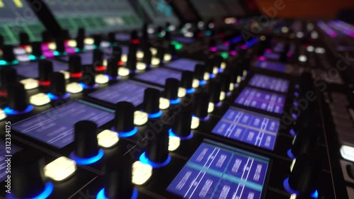 Applied in recording studios, broadcasting, television. Big Audio Mixing Board. Motion Camera. video contains vibration
