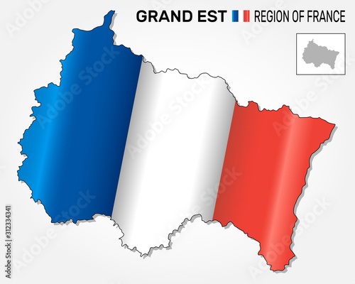 Map of the french region Grand Est combined with waving french national flag. Silhouette or borders for geographic themes - Vector