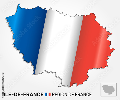 Map of the french region Ile-de-France combined with waving french national flag. Silhouette or borders for geographic themes - Vector