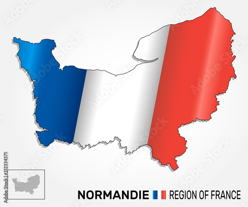 Map of the french region Normandy combined with waving french national flag. Silhouette or borders for geographic themes - Vector