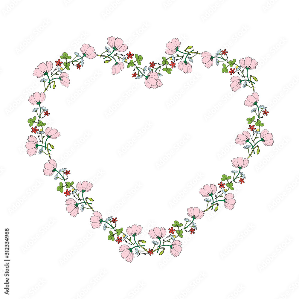 Heart made of cosmos, clover, chamomile, carnation, bud poppy. Template with romantic floral elements for your design