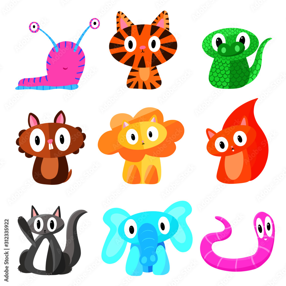 Obraz premium A Collection of Cute Vector Cartoon Animals Squirrel Worm Cat Elephant Lion Tiger Crocodile Slug Illustrations