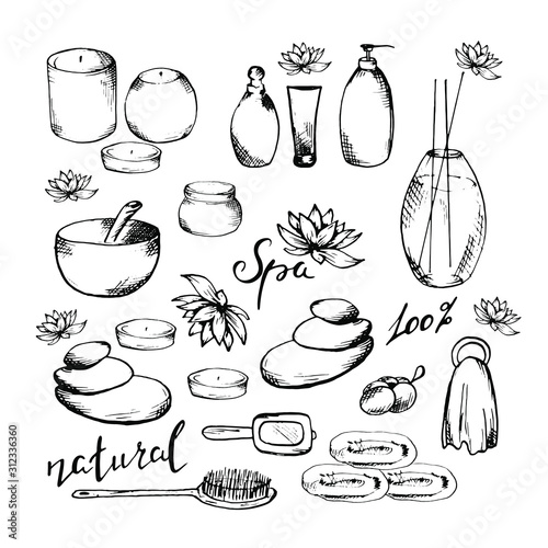 Set items for the spa. Aroma lamp. Composition of stones. Tube. Bottle. Cream. Lotus. Candles Towel. Comb. Mirror. Sketch. The concept of personal care. Relaxation