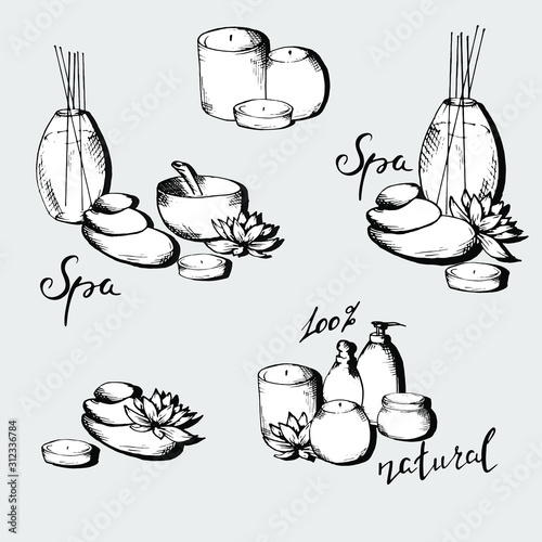 Set of kits for spa, bathroom. The concept of personal care. Relaxation. Candles Aroma lamp. Cream. Lotion. Perfume. Natural cosmetic. The stones. Lotus flower. Ready-made solution for your design