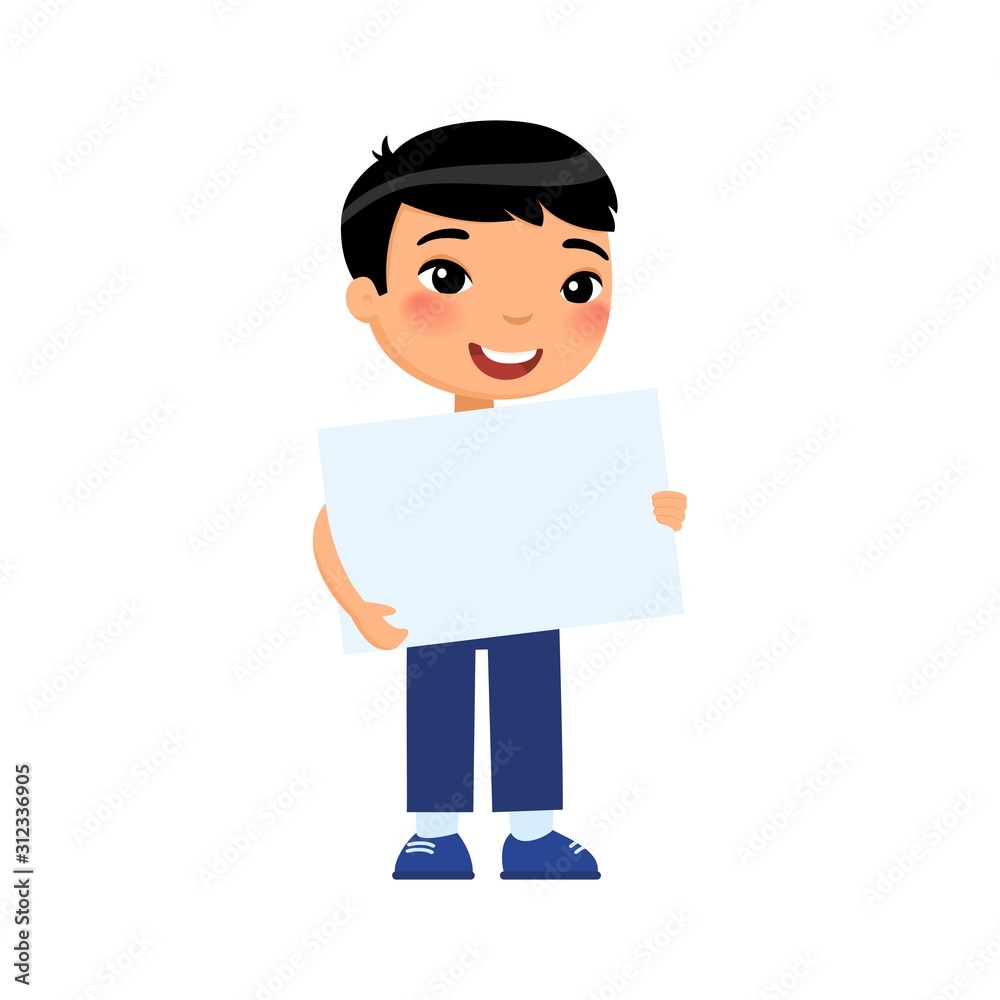 Little smiling boy holding empty banner flat vector illustration. Cute schoolkid with blank paper sheet in hands isolated on white background. Happy young asian kid with poster mock up