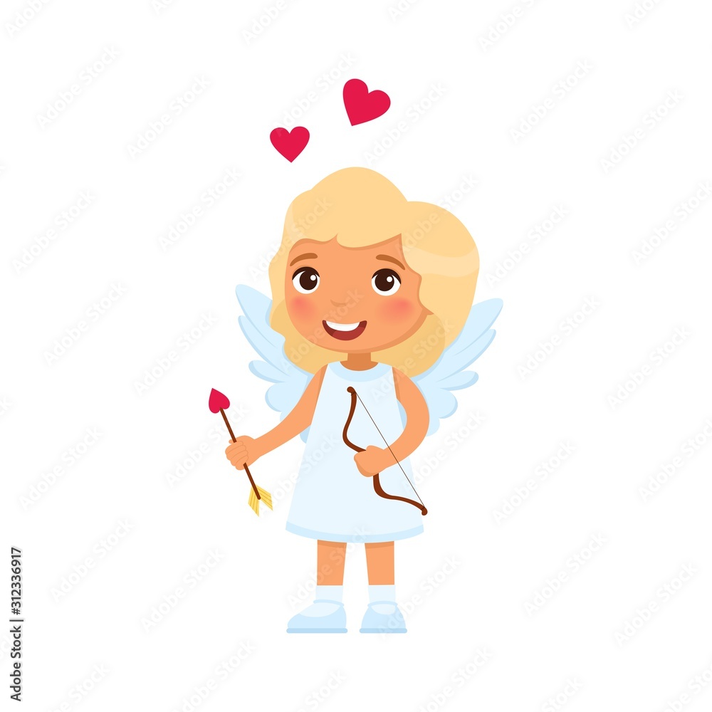 Little smiling female cupid, child flat vector illustration. Valentines Day celebration symbol. Blonde girl with wings holding arrows character. February 14 holiday. Cute angel isolated design element Little smiling female cupid, child flat vector illustration. Valentines Day celebration symbol. Blonde girl with wings holding arrows character. February 14 holiday. Cute angel isolated design element