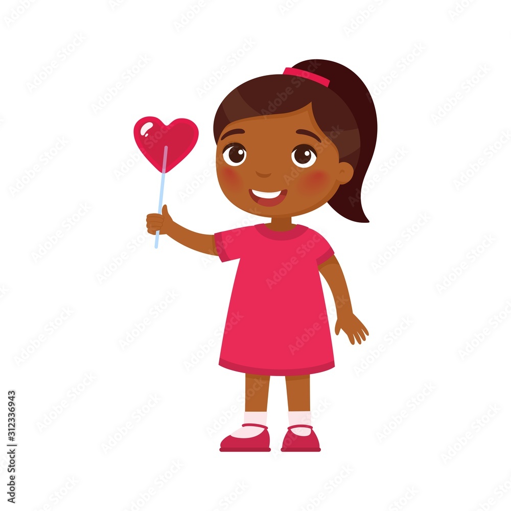 Little girl holding heart shaped candy flat vector illustration. Valentines Day celebration. Dark skin child character with lollipop on stick. February 14 holiday isolated design element Little girl holding heart shaped candy flat vector illustration. Valentines Day celebration. Dark skin child character with lollipop on stick. February 14 holiday isolated design element