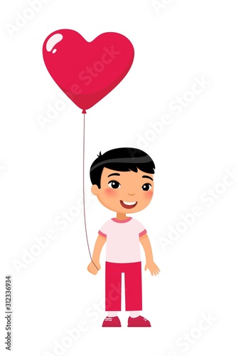 Little boy holding heart shaped balloon flat vector illustration. Valentines Day celebration. Smiling kid character with present. February 14 holiday isolated design element