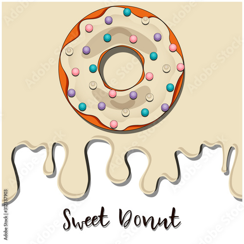 Donuts with cream icing. Glazed colored donut with icing sprinkles. Background for cafes, restaurants, coffee shops. Design texture for menu, booklet, banner, website. Vector illustration.