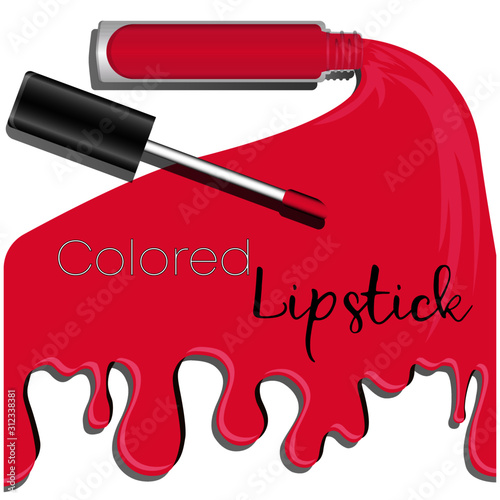 Spilled colorful lip gloss with applicators background. Makeup cosmetic products. Set of color lipsticks. Pink, red, brown and purple lipstick heads. Liquid matte lipstick palette. Vector illustration