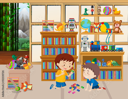 Scene with two boys playing toys in the room