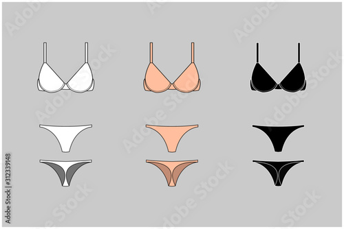 Set of vector silhouettes of female bras. Beautiful elements of women underwear. Sets of basic women's underwear. Bra and underpants. Vector illustration.