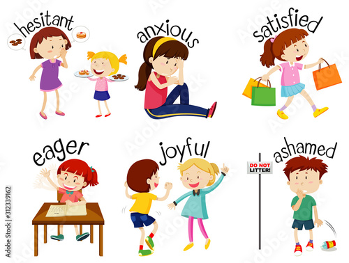 Set of adjective words with children expressing their feelings