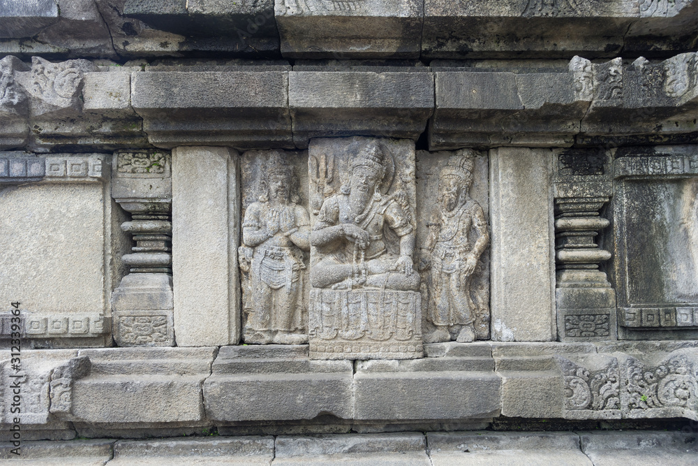 Bas-reliefs of Candy Prambanan or Prambanan temple near Yogyakarta city on Java island, Indonesia. It is one of the largest Hindu temples in Indonesia.