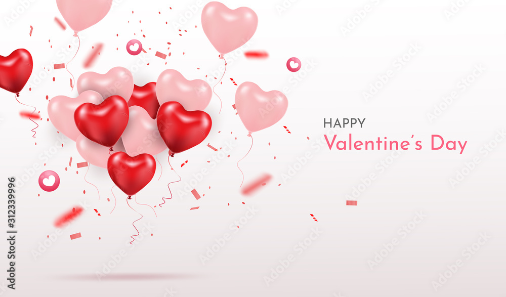 Happy Valentines Day. 3d Realistic Heart Balloons with glitters. Love season banner, greeting and card.