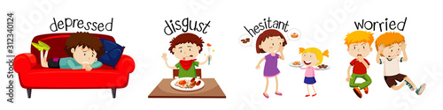 Adjective wordcard design with words and children expressions
