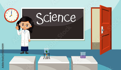 Classroom scene with teacher in front of science class