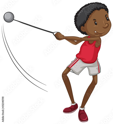 Athlete doing hammer throw on white background