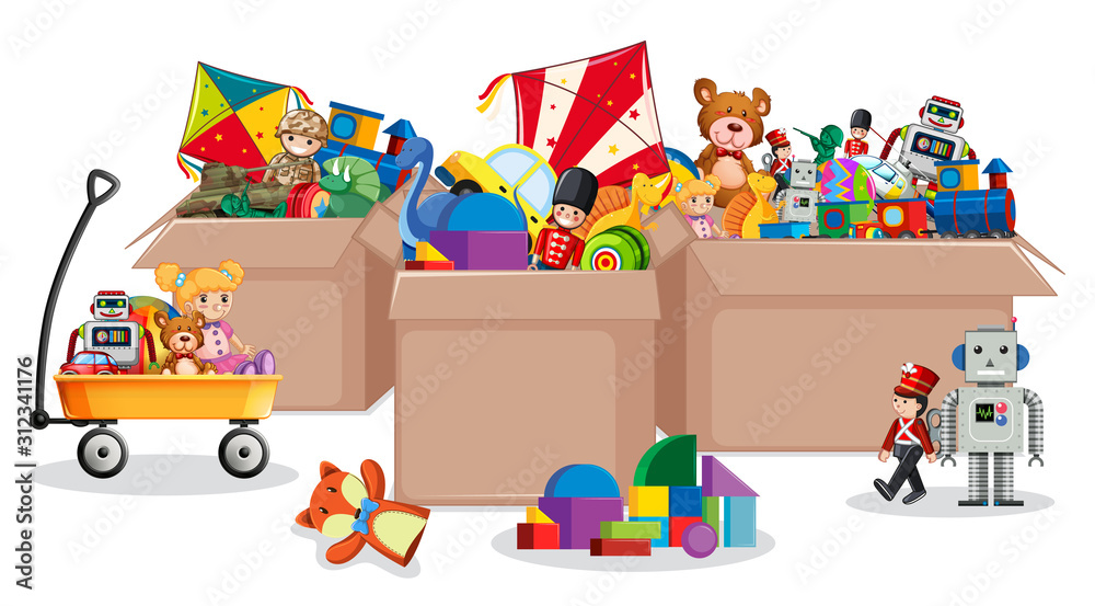 Naklejka premium Three boxes full of toys on white background