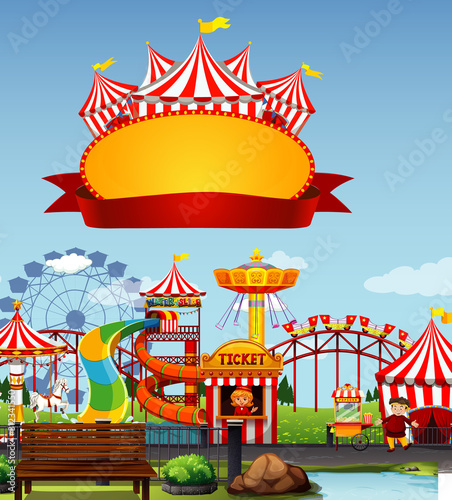Circus scene with sign template in the sky