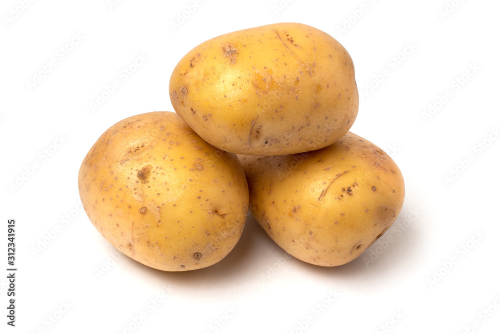 Closeup of three fresh natural potatoes, isolated on white background. Closeup of three fresh natural potatoes, isolated on white background.