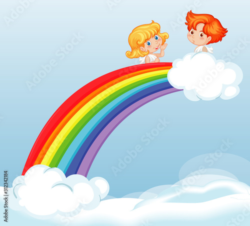 Cute fairies flying in the sky with beautiful rainbow background