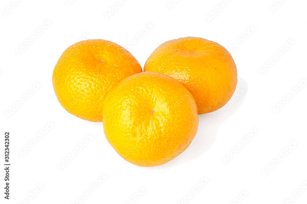 Three mandarins in peel on an isolated white background. Three ripe tangerines Three mandarins in peel on an isolated white background. Three ripe tangerines