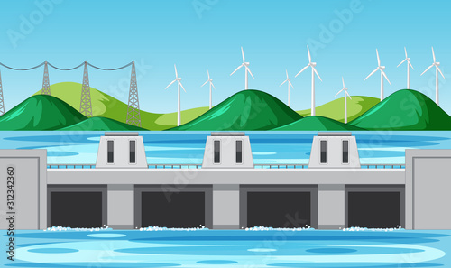 Scene with water dam and wind turbines on the hills