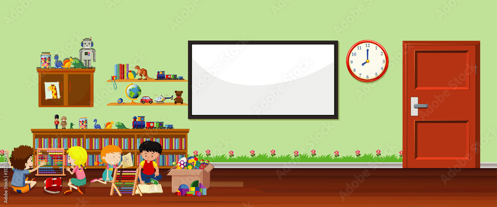 Background scene with whiteboard and toys Background scene with whiteboard and toys