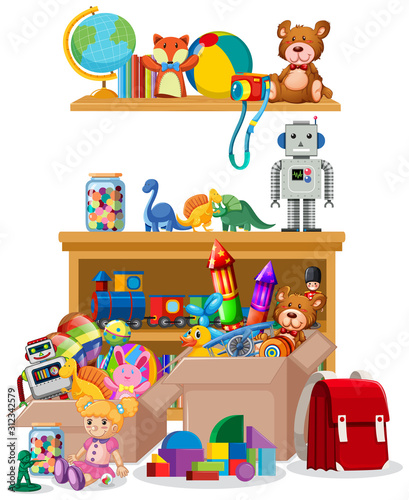Shelf and boxes full of toys on white background