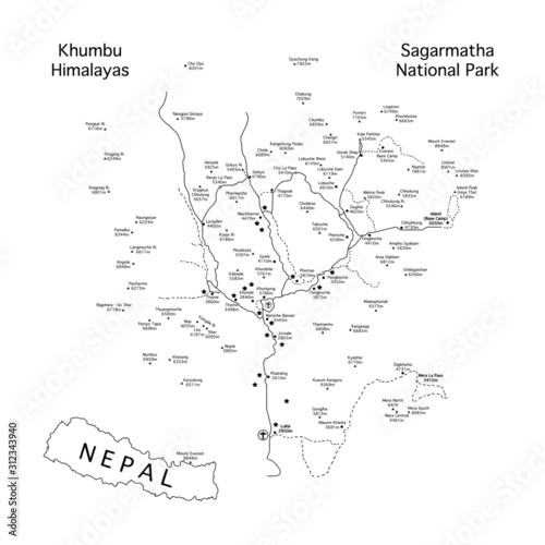 Black and white flat map of tourist hiking routes in Sagarmatha national park in Nepal with all famous mountain peaks, buddhist stupas and villages with guest houses. Everest trek.