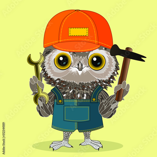 cool owl repair worker, dressed in a blue overalls uniform and orange cap, stands and holds in one hand a wrench, and a sudden hammer, color vector detailed illustration