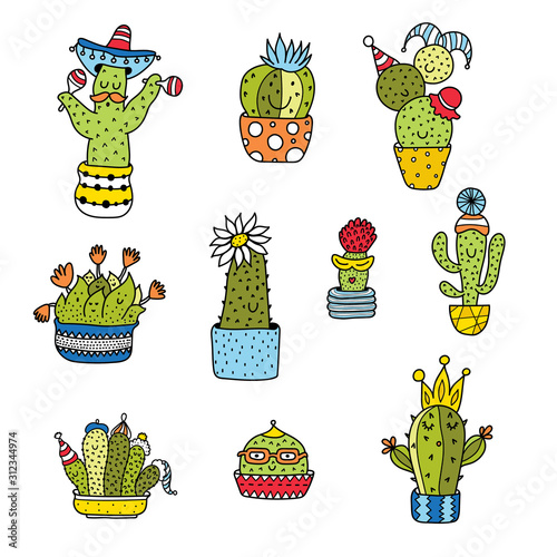  Funny cacti. Colorful set. Cute motif.