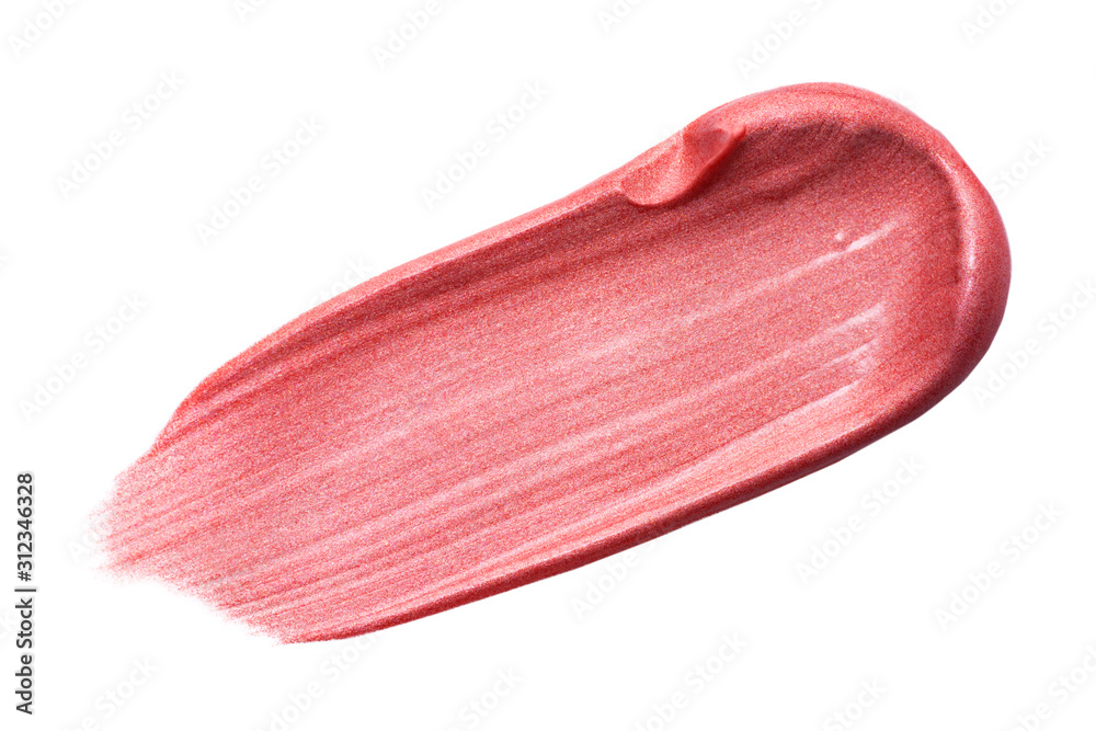Lip gloss isolated on white. Smudged pink makeup product sample