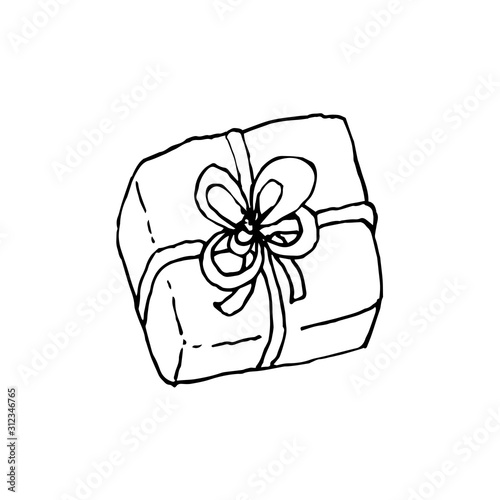 Presents box with a bow-knot. Black outline on white background. Picture can be used in christmas and new year greeting cards, posters, flyers, banners, logo etc. Vector illustration. EPS10